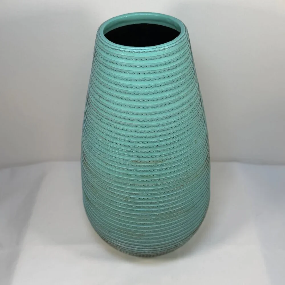 CRATE & BARREL Aqua Leather Spiral Wrapped Tall Vase Decor 10.5
